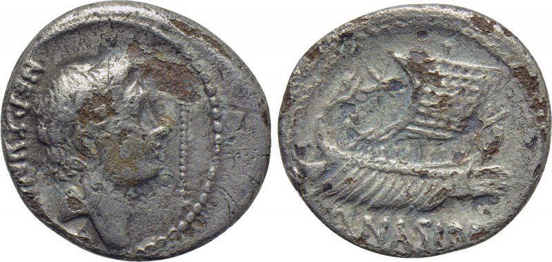 SEXTUS POMPEY. Fourrée Denarius (42-38 BC). Imitating Massalia. Q. Nasidius, com...