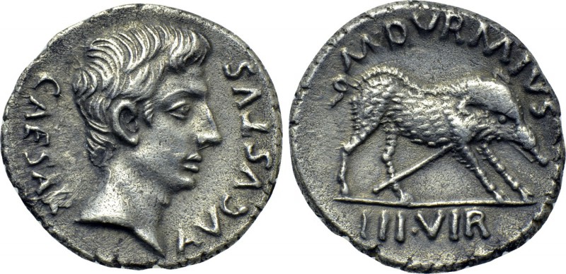 AUGUSTUS (27 BC-14 AD). Denarius. Rome. M. Durmius, moneyer. 

Obv: CAESAR AVG...
