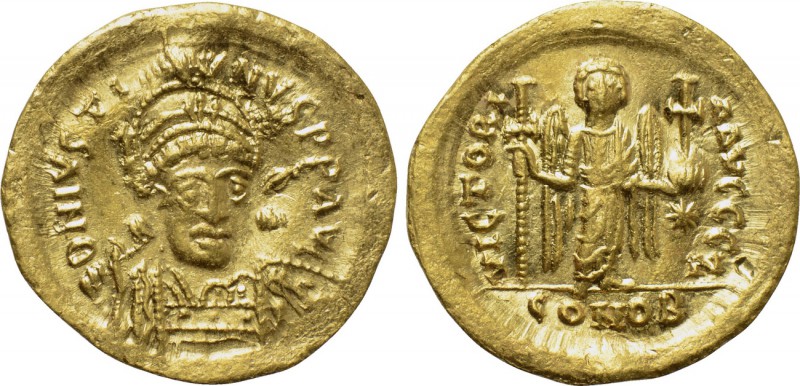 JUSTIN I (518-527). GOLD Solidus. Constantinople. 

Obv: D N IVSTINVS P F AVG....