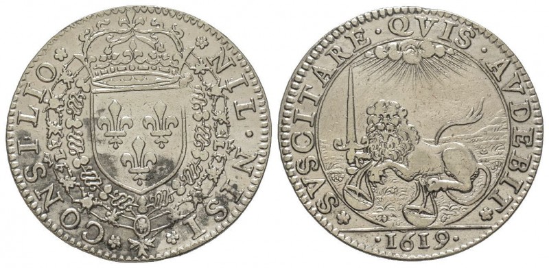 Conseil du Roi, Louis XIII, jeton bimétallique, 1619 Paris, AG 4.85 g.
Avers : N...