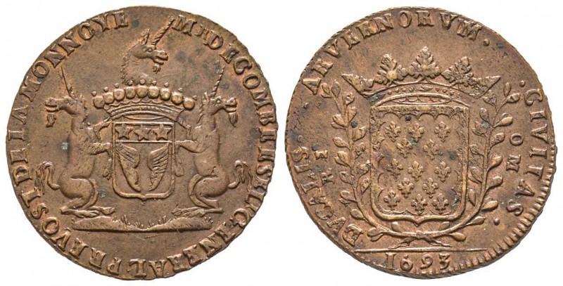 Jeton, 1693, Riom, Monsieur de Combe, prévôt de la Monnaie, Cuivre 9.00 g.
Avers...