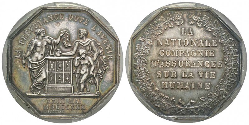 Jeton, 1830, 20.22 g. AG. Poinçon Corne
Avers: LA PREVOYANCE DOTE L'AVENIR ; à l...