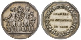 Jeton, 1848, AG 36 mm poinçon Main
Avers: Les allégories du Commerce tenant un caducée et de l'Agriculture tenant une charrue et, ensemble, une corne ...
