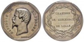 Jeton, 1852-70, AG 30 mm poinçon Main par Caque
Avers: NAPOLÉON III EMPEREUR
Revers: CHAMBRE DE COMMERCE DE LILLE
PCGS AU55