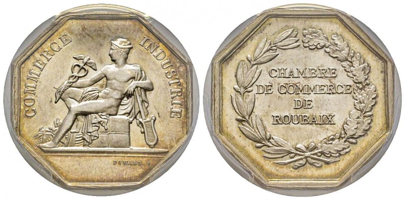 Jeton octagonal, Chambre de Commerce de Roubaix, AG 32 mm poinçon Corne
PCGS MS6...