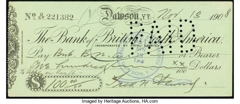 Canada Bank of British North America, Yukon Territory 100 Dollars 13.11.1908 Pic...