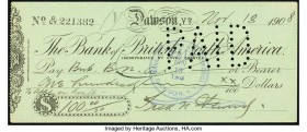 Canada Bank of British North America, Yukon Territory 100 Dollars 13.11.1908 Pick UNL Check About Uncirculated. 

HID09801242017