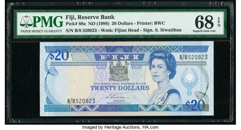 Fiji Reserve Bank of Fiji 20 Dollars ND (1988) Pick 88a PMG Superb Gem Unc 68 EP...