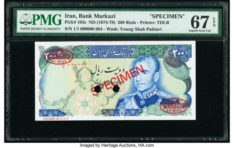 Iran Bank Markazi 200 Rials ND (1974-79) Pick 103s Specimen PMG Superb Gem Unc 6...