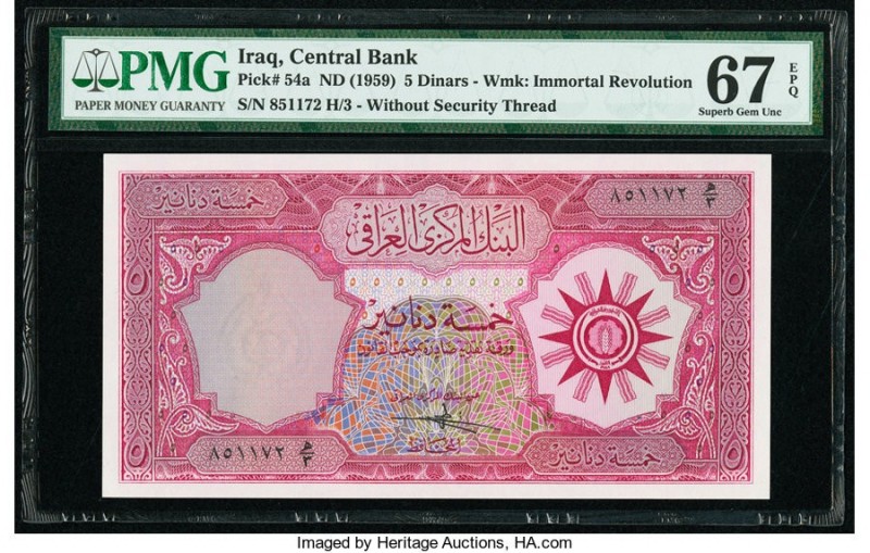 Iraq Central Bank of Iraq 5 Dinars ND (1959) Pick 54a PMG Superb Gem Unc 67 EPQ....