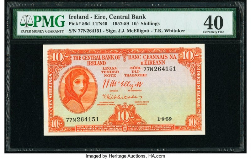 Ireland Central Bank of Ireland 10 Shillings 1.9.1959 Pick 56d PMG Extremely Fin...
