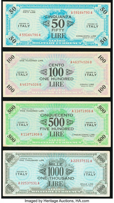 Italy Allied Military Currency 50; 100; 500; 1,000 Lire 1943A Pick M20a; M21b; M...