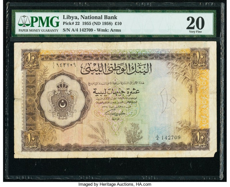 Libya National Bank of Libya 10 Pounds 1955 (ND 1958) Pick 22 PMG Very Fine 20. ...