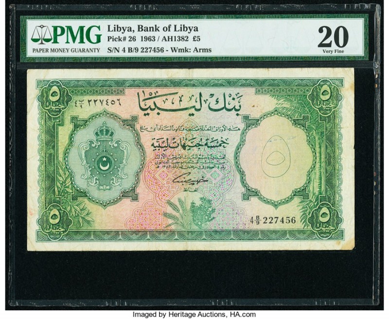 Libya Bank of Libya 5 Pounds 1963 / AH1382 Pick 26 PMG Very Fine 20. Annotation....