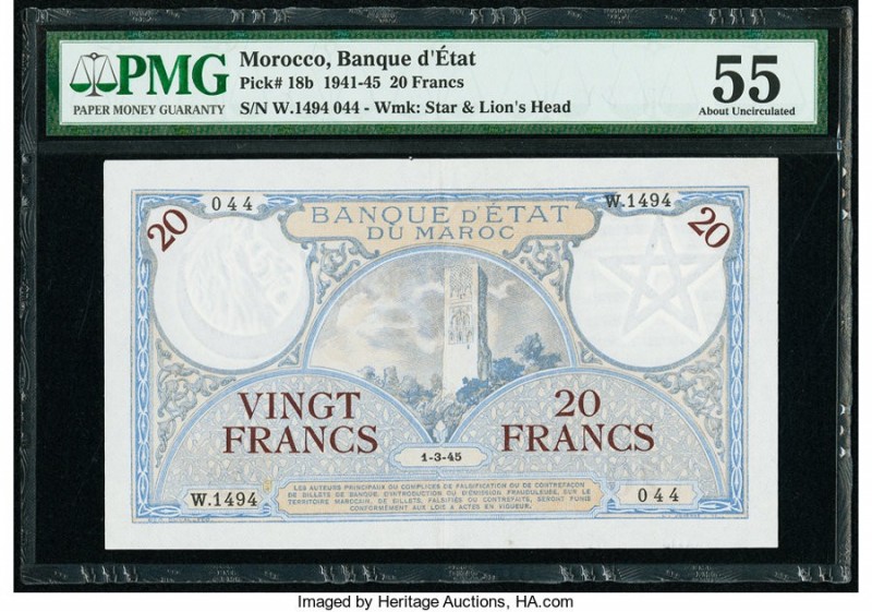 Morocco Banque d'Etat du Maroc 20 Francs 1.3.1945 Pick 18b PMG About Uncirculate...