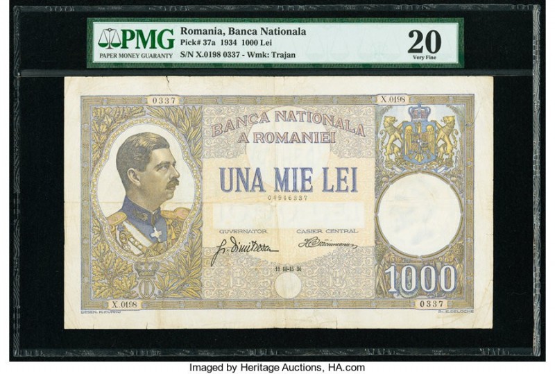 Romania Banca Nationala a Romaniei 1000 Lei 15.3.1934 Pick 37a PMG Very Fine 20....