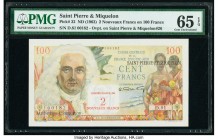 Saint Pierre and Miquelon Caisse Centrale de la France d'Outre Mer 2 Nouveaux on 100 Francs ND (1963) Pick 32 PMG Gem Uncirculated 65 EPQ. Exceptional...
