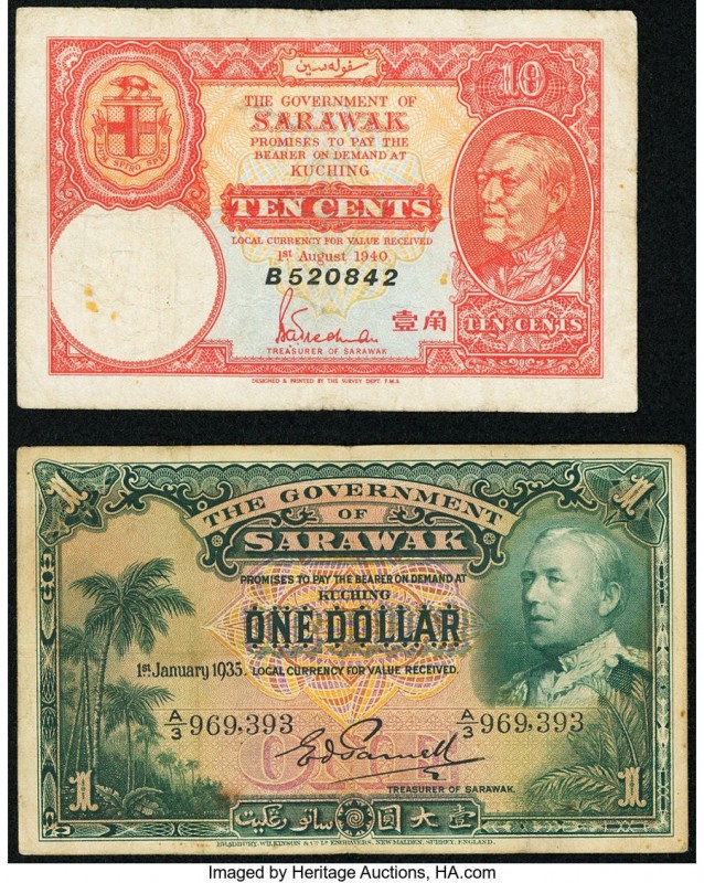 Sarawak Government of Sarawak 1 Dollar 1935 Pick 20; 10 Cents 1940 Pick 25c Fine...