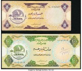United Arab Emirates Currency Board 5; 100 Dirhams ND (1973) Pick 2a; 5a Very Fine. Both examples have ink writing.

HID09801242017
