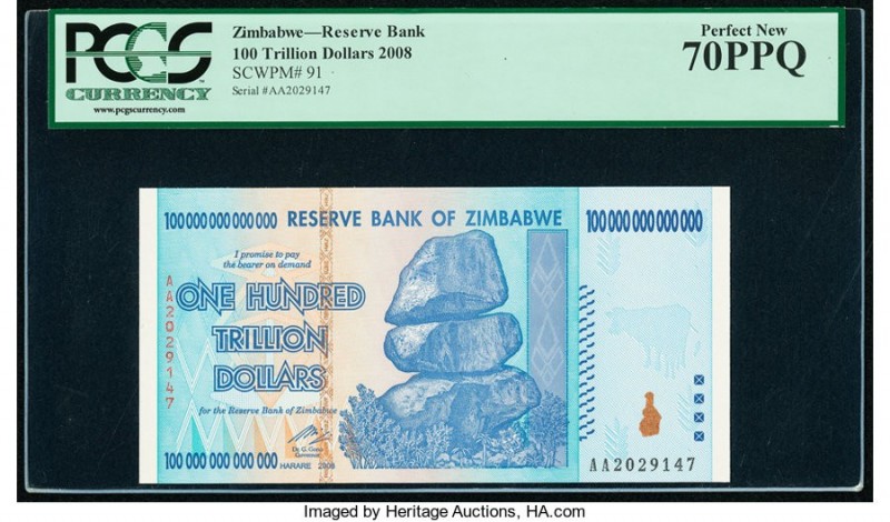 Zimbabwe Reserve Bank of Zimbabwe 100 Trillion Dollars 2008 Pick 91 PCGS Perfect...