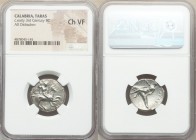CALABRIA. Tarentum. Ca. early 3rd century BC. AR didrachm (22mm, 2h). NGC Choice VF. Lycon and Si-, magistrates. Warrior on horseback right, thrusting...