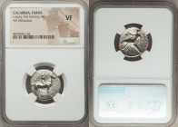 CALABRIA. Tarentum. Ca. early 3rd century BC. AR stater or didrachm (21mm, 7h). NGC VF. Ca. 302-280 BC. Philiarchus, Sa- and Aga-, magistrates. Horse ...