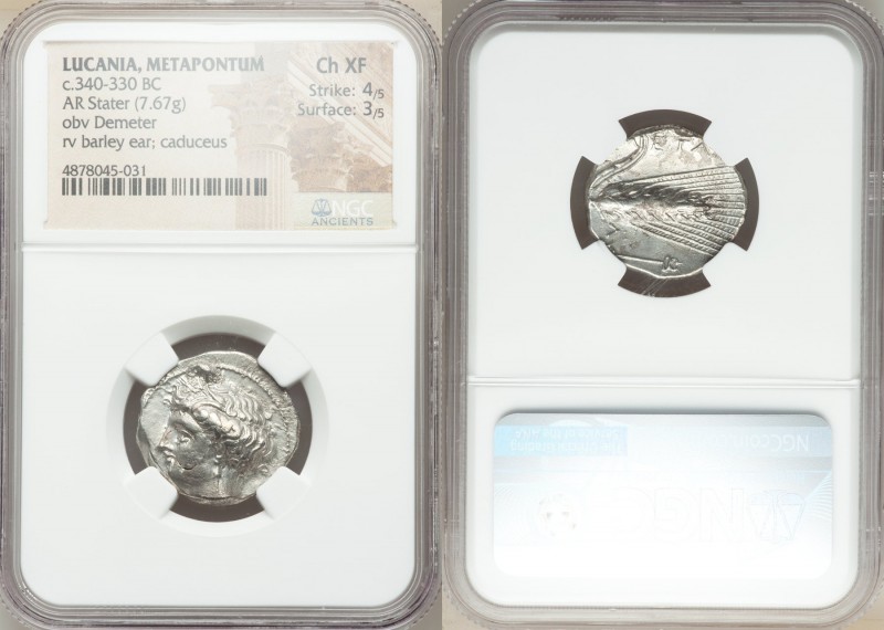 LUCANIA. Metapontum. Ca. 340-330 BC. AR stater or nomos (22mm, 7.67 gm, 9h). NGC...