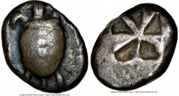 SARONIC ISLANDS. Aegina. Ca. 525-480 BC. AR stater (20mm). NGC Choice Fine. Sea turtle, viewed from above, head turned sideways, with thin collar and ...