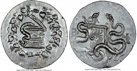 MYSIA. Pergamum. Ca. 180/167-133 BC. AR cistophorus (28mm, 12.56 gm, 11h). NGC MS 4/5 - 3/5. Ca. 160-150 BC. Serpent emerging from cista mystica; all ...