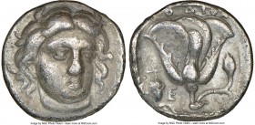 CARIAN ISLANDS. Rhodes. Ca. 340-305 BC. AR didrachm (20mm, 12h). NGC Choice Fine. Head of Helios facing, turned slightly right, hair parted in center ...