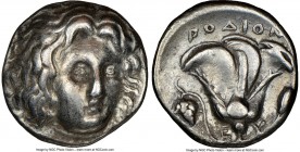 CARIAN ISLANDS. Rhodes. Ca. 305-275 BC. AR didrachm (19mm, 11h). NGC Choice VF. Head of Helios facing, turned slightly right, hair parted in center an...