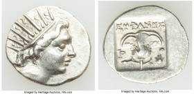 CARIAN ISLANDS. Rhodes. Ca. 88-84 BC. AR drachm (16mm, 1.91 gm, 11h). Choice XF. Plinthophoric standard, Euphanes, magistrate. Radiate head of Helios ...