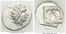 CARIAN ISLANDS. Rhodes. Ca. 88-84 BC. AR drachm (17mm, 2.67 gm, 11h). XF, die shift. Plinthophoric standard, Lysimachus, magistrate. Radiate head of H...