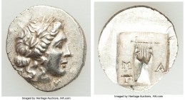 LYCIAN LEAGUE. Masicytes. Ca. 48-20 BC. AR hemidrachm (16mm, 1.90 gm, 1h). AU. Series 1. Laureate head of Apollo right; Λ-Y below / M-A, cithara (lyre...