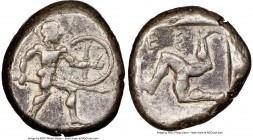 PAMPHYLIA. Aspendus. Ca. mid-5th century BC. AR stater (20mm, 5h). NGC Choice VF. Helmeted nude hoplite warrior advancing right, shield in left hand, ...