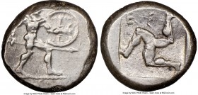 PAMPHYLIA. Aspendus. Ca. mid-5th century BC. AR stater (20mm, 1h). NGC Choice VF. Helmeted nude hoplite warrior advancing right, shield in left hand, ...