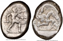 PAMPHYLIA. Aspendus. Ca. mid-5th century BC. AR stater (21mm, 10h). NGC VF. Helmeted nude hoplite warrior advancing right, shield in left hand, spear ...