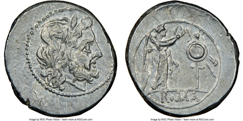 Anonymous. Ca. 211-208 BC. AR victoriatus (18mm, 3.43 gm, 2h). NGC MS 4/5 - 4/5....