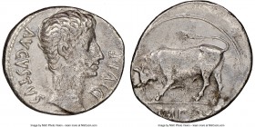 Augustus (27 BC-AD 14). AR denarius (19mm, 2h). NGC VF. Lugdunum, 15-13 BC. AVGVSTVS DIVI • F, bare head of Augustus right / Bull charging left, head ...