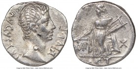 Augustus (27 BC-AD 14). AR denarius (18mm, 2h). NGC VF, bankers mark. Lugdunum, 15-13 BC. AVGVSTVS DIVI F, bare head of Augustus right / IMP - X, Apol...
