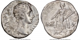 Augustus (27 BC-AD 14). AR denarius (18mm, 11h). NGC VF, bankers mark. Lugdunum, 15-13 BC. AVGVSTVS DIVI F, bare head of Augustus right / IMP - X, Apo...