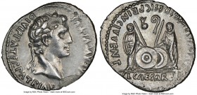Augustus (27 BC-AD 14). AR denarius (21mm, 6h). NGC Choice VF, surface chips. Lugdunum, 2 BC-AD 4. CAESAR AVGVSTVS-DIVI F PATER PATRIAE, laureate head...