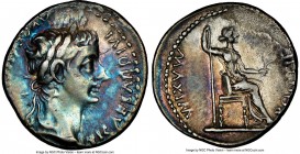 Tiberius (AD 14-37). AR denarius (18mm, 9h). NGC VF. Lugdunum. TI CAESAR DIVI-AVG F AVGVSTVS, laureate head of Tiberius right / PONTIF-MAXIM, Livia (a...