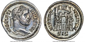 Diocletian (AD 284-305). AR argenteus (20mm, 3.31 gm, 1h). NGC MS 5/5 - 4/5. Siscia, AD 295. DIOCLETI-ANVS AVG, laureate head of Diocletian right / VI...