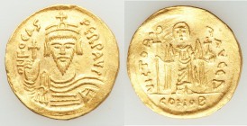 Phocas (AD 602-610). AV solidus (21mm, 3.69 gm, 7h). Choice XF, marks. Constantinople, 4th officina, AD 607-609. o N FOCAS-PЄRP AVG, crowned, draped a...
