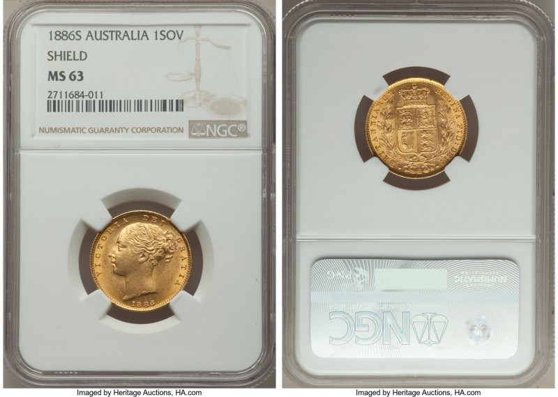 Victoria gold Sovereign 1886-S MS63 NGC, Sydney mint, KM6. AGW 0.2355 oz.

HID09...