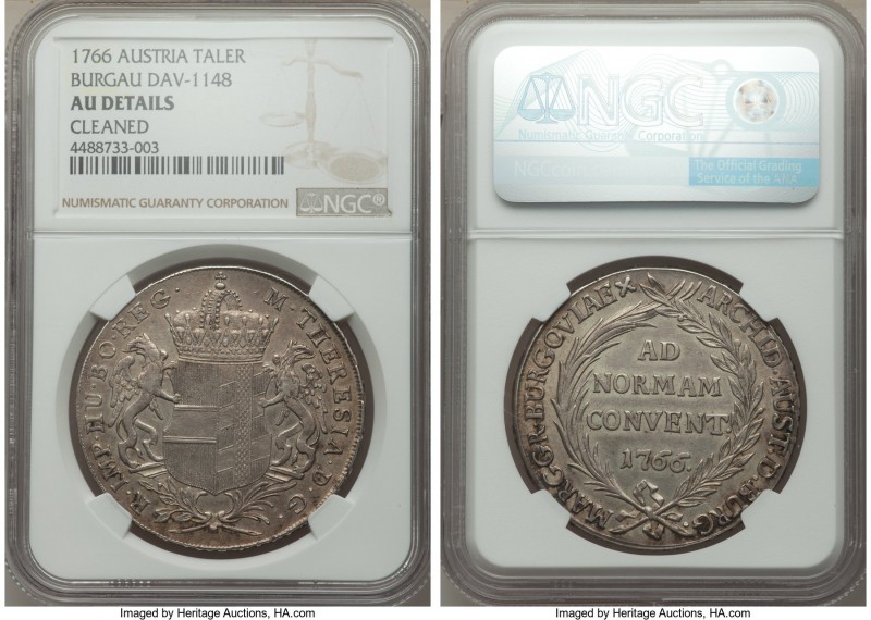 Maria Theresa Taler 1766 AU Details (Cleaned) NGC, Burgau mint, KM16, Dav-1148.
...