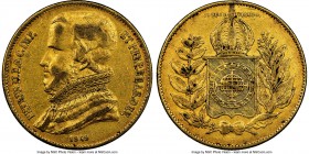 Pedro II gold 20000 Reis 1849 XF45 NGC, Rio de Janeiro mint, KM461. Mintage: 6,464. First and rarest of three year type. AGW 0.5286 oz. 

HID098012420...
