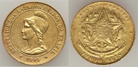 Republic gold 10000 Reis 1903 XF, Rio de Janeiro mint, KM496, 21mm. 8.14gm.

HID09801242017