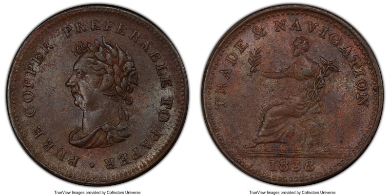 British Colony. George IV copper Stiver Token 1838 MS64 Brown PCGS, KM-Tn3, Prid...